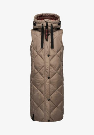 Quiltet ærmeløs vest i taupe med høj krave, frontknapper og sorte snore. Har en glat, blank overflade.