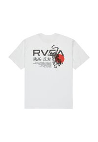 Camiseta de algodón blanca con estampado gráfico en negro y rojo de un tigre y texto japonés. Mangas cortas, cuello redondo, ajuste relajado.