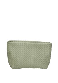 Borsetta in pelle verde intrecciata di forma rettangolare con bordi strutturati. Presenta una superficie testurizzata e nessun hardware o chiusure visibili.