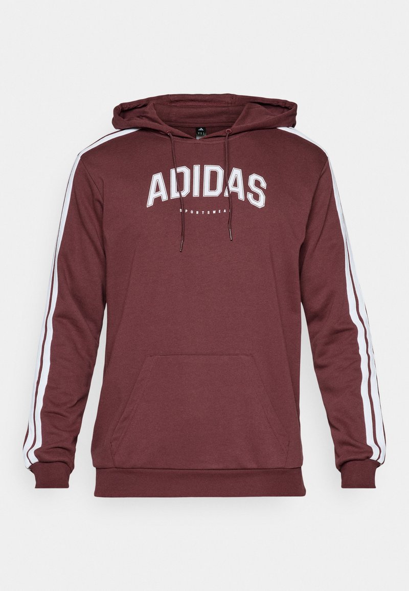 Haut à capuche bordeaux avec des rayures blanches sur le côté, doté d'une poche avant, de cordons de serrage ajustables et du logo "ADIDAS SPORTSWEAR" sur la poitrine.