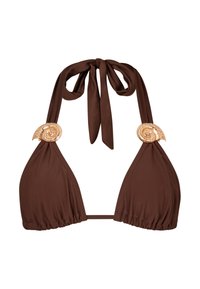 Brun bikiniöverdel med halterneck-design och snäckformade gyllene detaljer på sidorna. Tillverkad av mjukt, elastiskt material med samlad tyg.