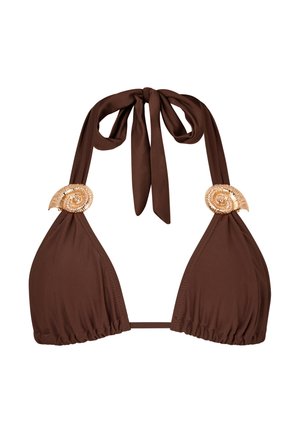 Braunes Bikini-Oberteil mit Halterneck-Design und muschelförmigen goldenen Akzenten an den Seiten. Hergestellt aus glattem, dehnbarem Material mit gerafftem Stoff.