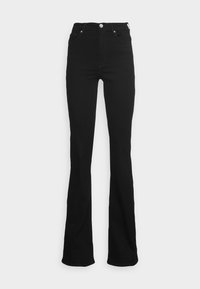 Zwarte flare jeans met een hoge taille, gemaakt van denim. Heeft een rits aan de voorkant, een zilveren knoop en een minimalistisch ontwerp zonder patronen.