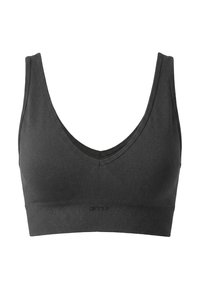 Black seamless sports bra with wide straps, V-neckline, and ribbed underbust band, designed for comfort and support.