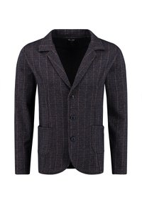 Marynarka z wełny w kolorze ciemnoniebieskim, ozdobiona pomarańczowymi i białymi paskami. Posiada klapę w stylu notch, cztery guziki oraz dwie przednie kieszenie.