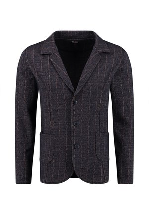 Blazer de mezcla de lana en azul marino oscuro con rayas naranjas y blancas. Cuenta con solapa de muesca, cuatro botones y dos bolsillos delanteros.