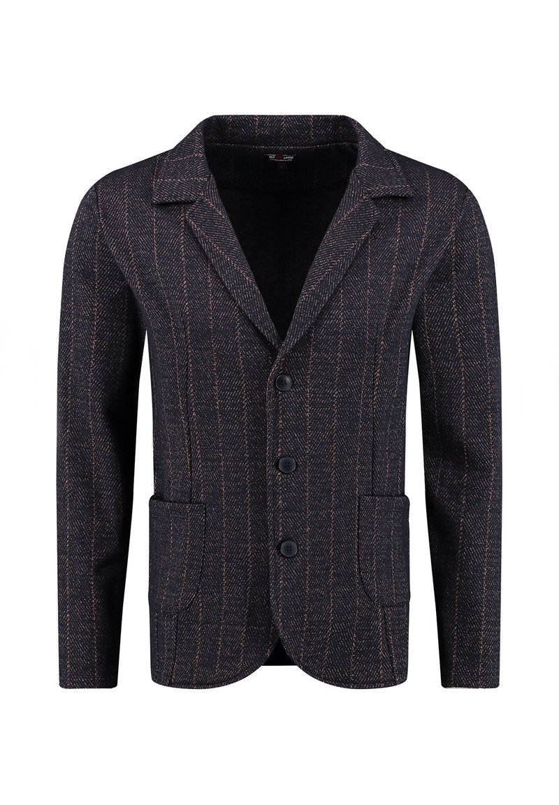 Marynarka z wełny w kolorze ciemnoniebieskim, ozdobiona pomarańczowymi i białymi paskami. Posiada klapę w stylu notch, cztery guziki oraz dwie przednie kieszenie.