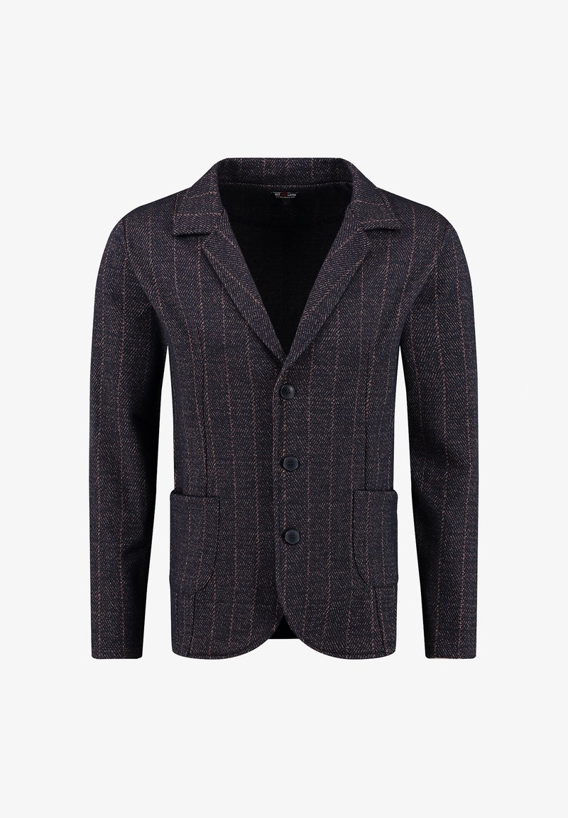 Marynarka z wełny w kolorze ciemnoniebieskim, ozdobiona pomarańczowymi i białymi paskami. Posiada klapę w stylu notch, cztery guziki oraz dwie przednie kieszenie.