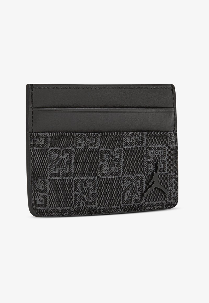 Black cardholder with textured fabric featuring a checkerboard pattern and embossed "23" logos. Finished with a sleek, matte black logo accent.