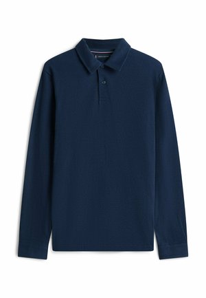 Polo manches longues bleu marine avec patte de boutonnage à deux boutons et col classique, étalé à plat sur fond blanc.