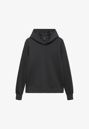 Tmavošedá mikina s kapucňou vyrobená z mäkkého materiálu, s širokým výstrihom, dlhými rukávmi a rebrovaným lemom a manžetami. Bez viditeľných potlačí alebo akcentov.