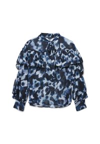 Marineblaues und hellblaues gemustertes Blusenshirt mit Rüschensleeves und einem Band zum Binden am Ausschnitt, aus leichtem Material gefertigt.