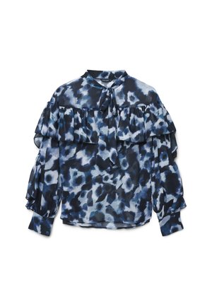 Marineblaues und hellblaues gemustertes Blusenshirt mit Rüschensleeves und einem Band zum Binden am Ausschnitt, aus leichtem Material gefertigt.
