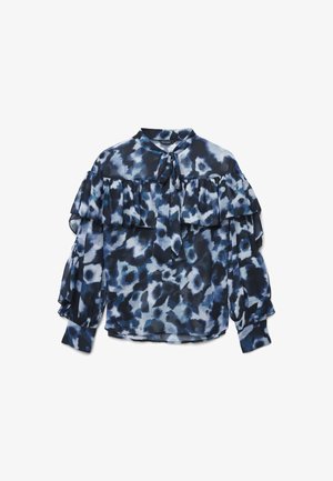 Blusa a maniche arricciate blu navy e azzurro a fantasia con nastro legato al collo, realizzata in tessuto leggero.