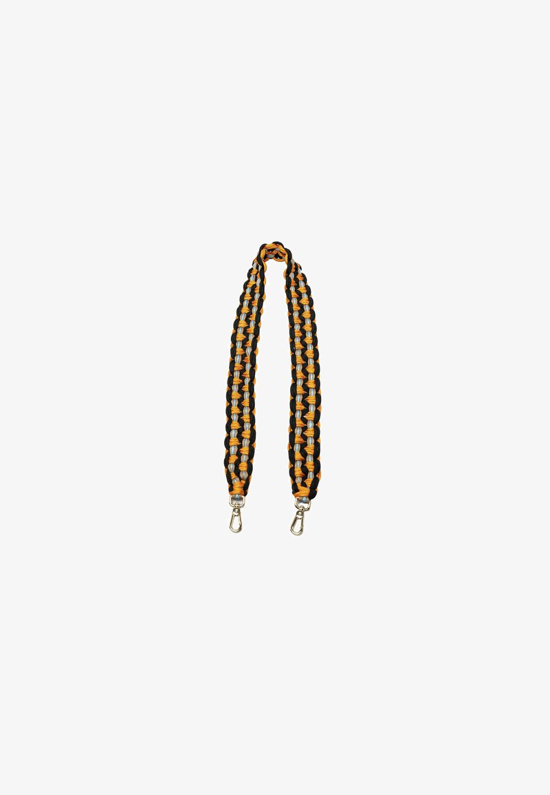 Geweven band met afwisselend zwarte, oranje en zilveren draden. Bevat twee metalen clips aan elk uiteinde voor bevestiging.