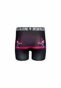 Boxers pour hommes en tissu noir présentant un design dégradé avec des accents roses. Ceinture avec logo à la taille, personnage illustré sur le côté.