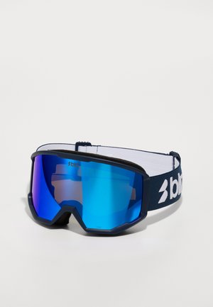 Ski goggles with a navy frame, blue mirrored lenses, and a white elastic strap featuring a brand logo. Designed for outdoor sports.