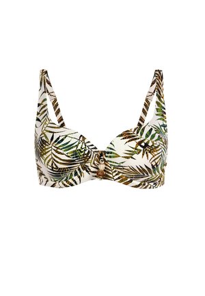 Góra od bikini z fiszbinami, z regulowanymi ramiączkami i tropikalnym wzorem liści w zielonym, brązowym i beżowym kolorze, ozdobiona dekoracyjnymi koralikami na środku przodu.