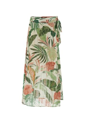 Falda ligera y translúcida con un estampado de hojas tropicales en verde, rosa y beige. Incluye un detalle de lazo lateral y una silueta fluida.