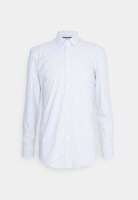 Lichtblauw langmouwshirt van katoen met een klein geometrisch patroon, witte knopen en een klassiek kraagontwerp.
