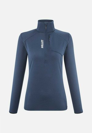 Langarmiger, hochkragen navy Pullover mit einer Reißverschlusstasche und strukturiertem Stoff. Verfügt über einen halben Reißverschluss vorne und ein Logo in Weiß.