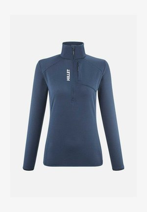 Long-sleeve, high-collar navy pullover with a zippered pocket and textured fabric. Features a half-zip front and a logo in white.