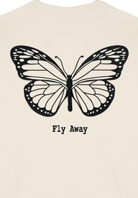 Felpa color crema con una grande grafica di una farfalla nera e il testo "Fly Away" sotto di essa, entrambi centrati sul retro.
