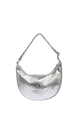 Sølv metallic skuldertaske med lynlås øverst og et præget Adidas trefoil logo midt foran.