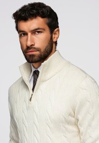 Mężczyzna z ciemnymi, kręconymi włosami i brodą, ubrany w biały sweter w warkocz zapinany na zamek, na koszulę i krawat, patrzy bezpośrednio przed siebie.