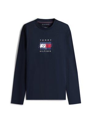T-shirt a maniche lunghe navy realizzato in morbido cotone con collo tondo. Presenta una stampa grafica con "TOMMY HILFIGER" e "1985" in colori vivaci.