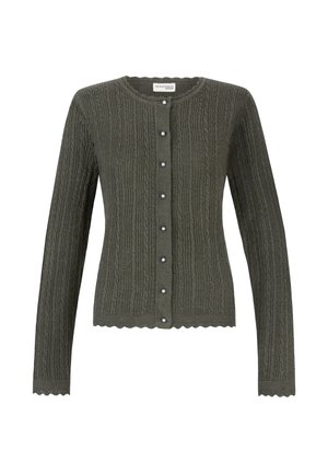 Dunkelgrüne, kabelgestrickte Strickjacke mit rundem Halsausschnitt, Perlmuttknöpfen, langen Ärmeln und wellenförmigen Abschlüssen an Bündchen und Saum.