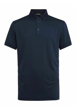 Polo blu navy a maniche corte con colletto e patta con tre bottoni, realizzata in tessuto liscio.