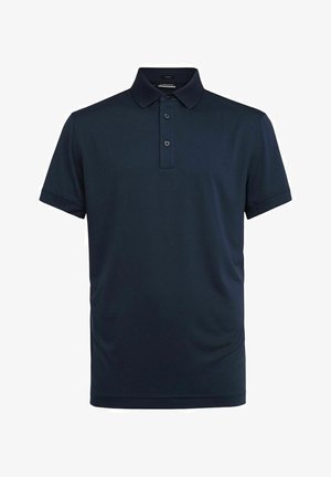 Polo bleu marine à manches courtes avec col et patte de boutonnage trois boutons, en tissu lisse.
