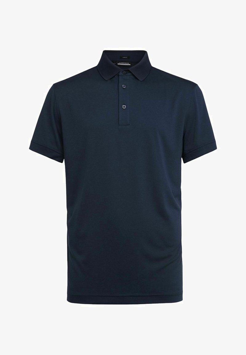 Polo bleu marine à manches courtes avec col et patte de boutonnage trois boutons, en tissu lisse.