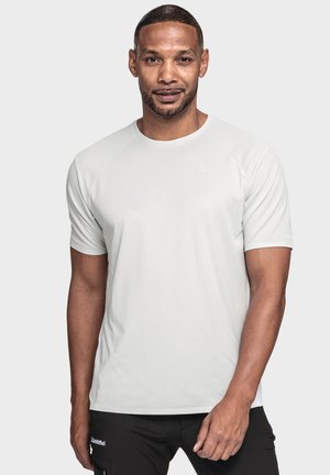 Hellgraues kurzärmliges Sportshirt mit textured Muster und rundem Ausschnitt. Verfügt über Raglanärmel und ein kleines Logo auf der Brust.