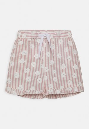 Rosa-weiß gestreifte Shorts mit weißem Blumenmuster, elastischem Bund und weißem Kordelzug vorne.