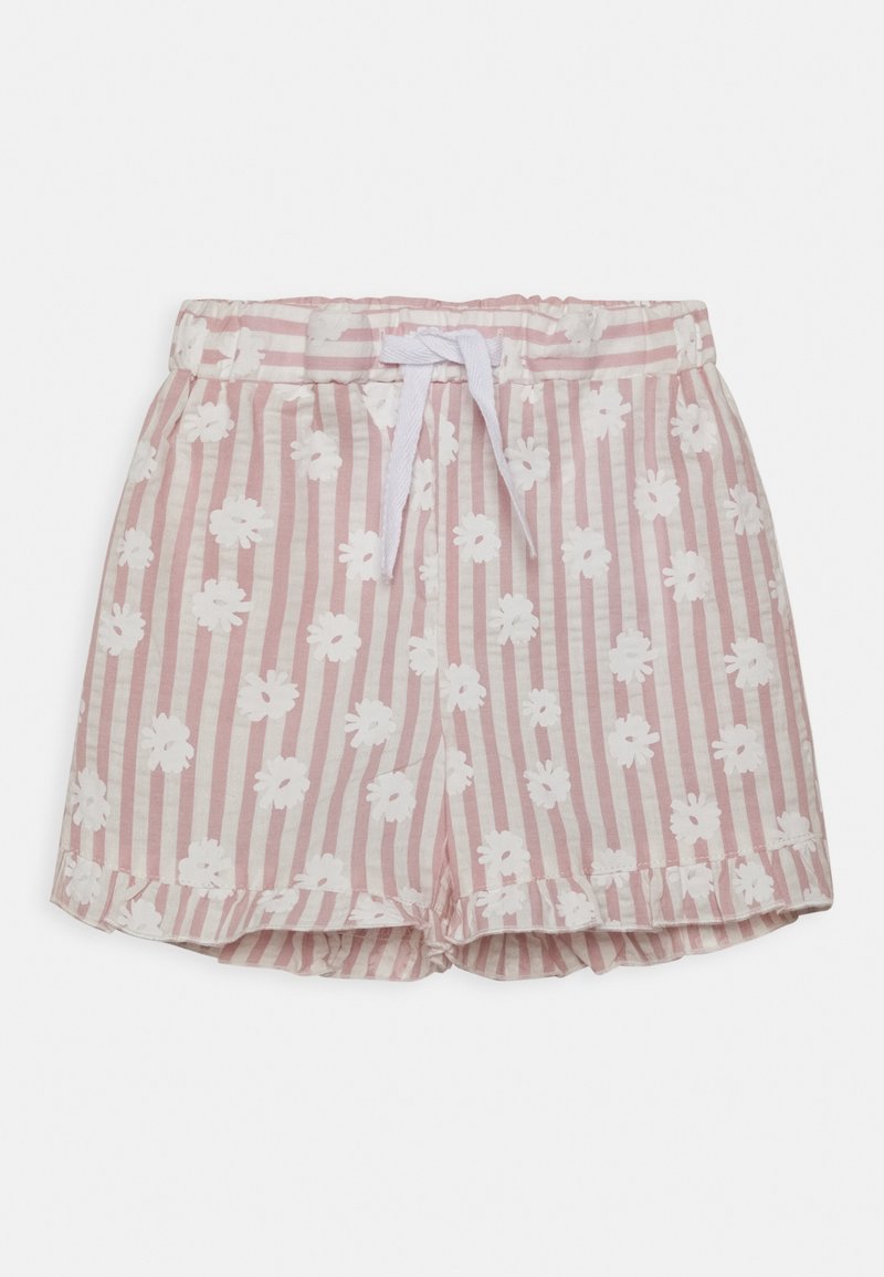 Shorts rayés rose et blanc avec motif floral blanc, taille élastique et cordon blanc à l'avant.