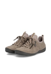 Paire de chaussures décontractées taupe à lacets avec fermeture éclair latérale, semelles noires et doublure en tissu à carreaux à l'intérieur et sur la languette.