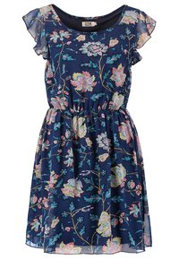 Námořnické květinové šaty s krátkými volány na rukávech, vypasovaný pas a živé pastelové květinové vzory na lehké tkanině.