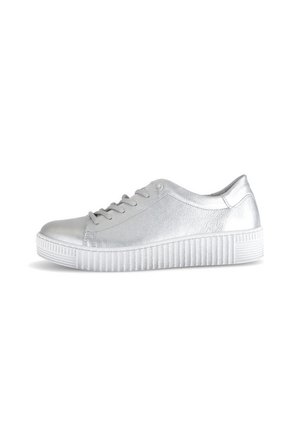 Silver leather sneaker with a smooth texture, round toe, white rubber sole and laces, featuring subtle stitching and a low-top design.