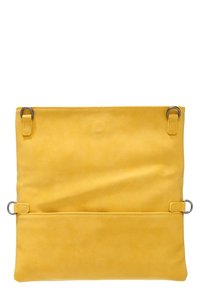 Žlutá kožená taška s hladkým povrchem, obdélníkovým tvarem a dvěma úchyty na rameno. Obsahuje zadní kapsu se zipem.