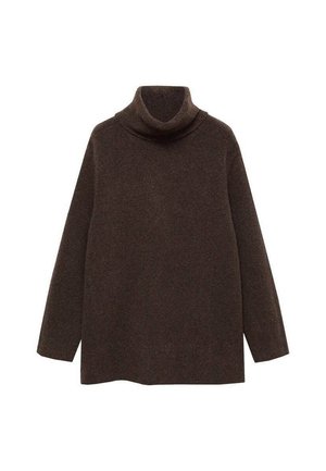Brauner Rollkragenpullover aus weichem Strickstoff. Hat lange Ärmel und eine lockere Passform mit hohem Kragen für zusätzliche Wärme.