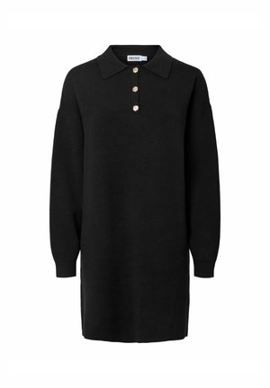 Abito nero a maglia con scollatura a colletto e quattro bottoni decorativi. Presenta maniche lunghe e una vestibilità morbida, realizzato in tessuto morbido.