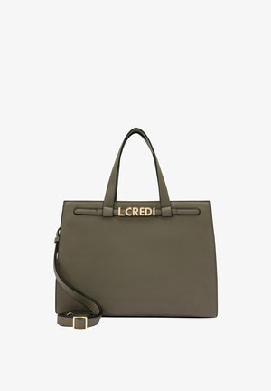 Sac à main vert olive au design structuré, avec des finitions en or et des poignées doubles. Inclut une bandoulière amovible.