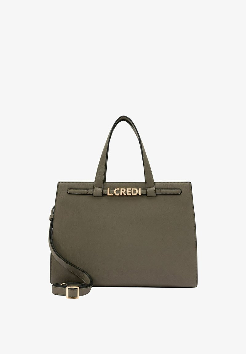 Olijfgroene handtas met een gestructureerd ontwerp, gouden hardware en dubbele bovenhandvatten. Inclusief een afneembare schouderriem.