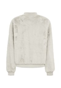 Nepvacht bomberjack in lichtgrijs. Heeft een geribde kraag, manchetten en zoom. Zachte textuur met een eenvoudig, strak ontwerp.