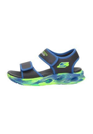 Sandale Skechers bleue et noire pour enfant avec des sangles réglables et une semelle à motif tourbillonnant néon vert-bleu.