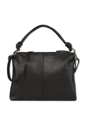 Sac à main en cuir noir texturé avec poignée courte et bandoulière amovible, forme rectangulaire, finitions en métal argenté.