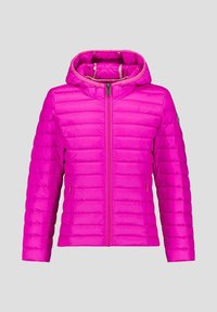 Fuchsia donsjack met capuchon, voorzien van horizontale doorgestikte delen, een ritssluiting aan de voorkant en zijzakken. Glad oppervlak, lichtgewicht materiaal.