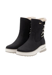 Black waterproof ankle boots with faux fur lining, zipper closure, and white rubber sole. Features decorative laces on the back.